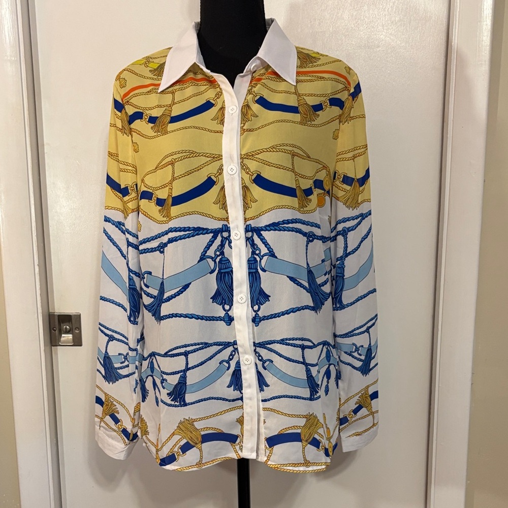 Chic Women's Button Down Shirt in Yellow and Blue Tassel print